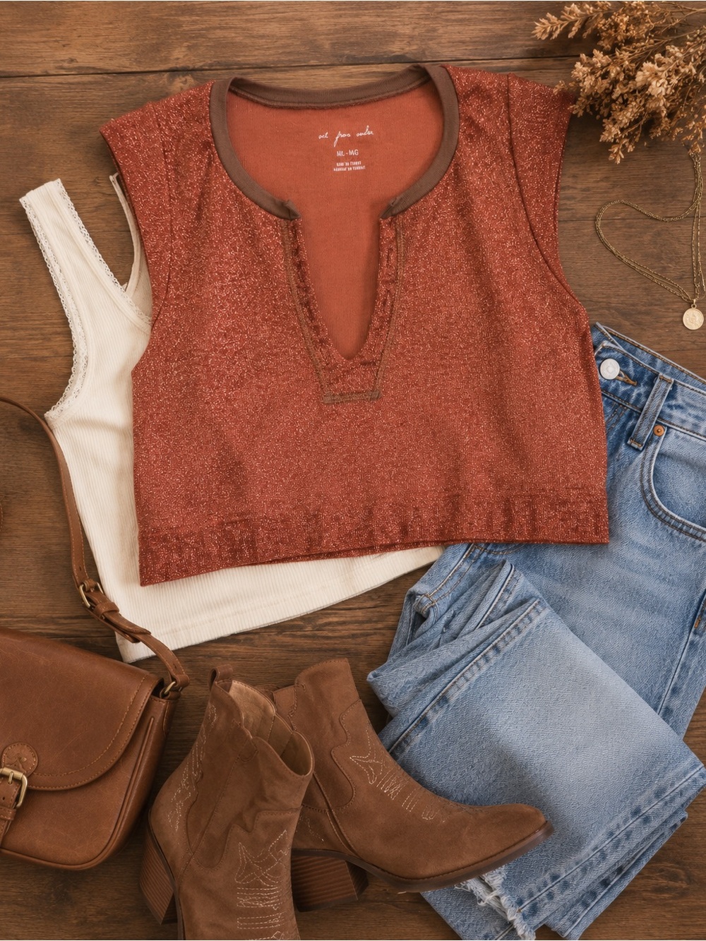 Urban Outfitters Rust Metallic Crop Tank with Brown Trim